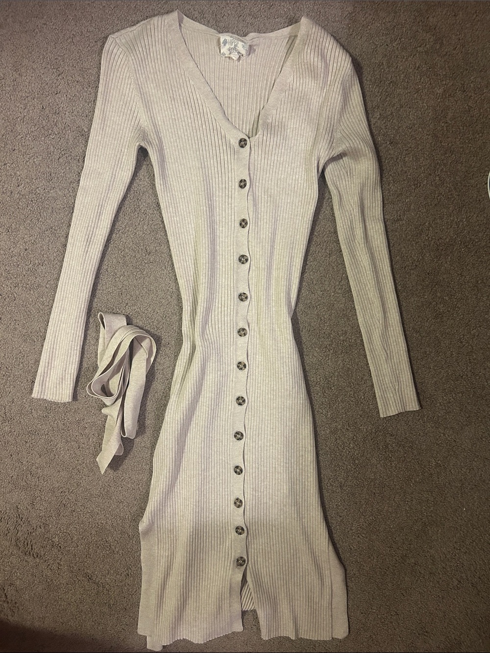 Hippie Rose Ribbed Button-Front Long Sleeve Dress in Light Beige